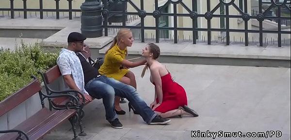  Slave in red dress disgraced in bar